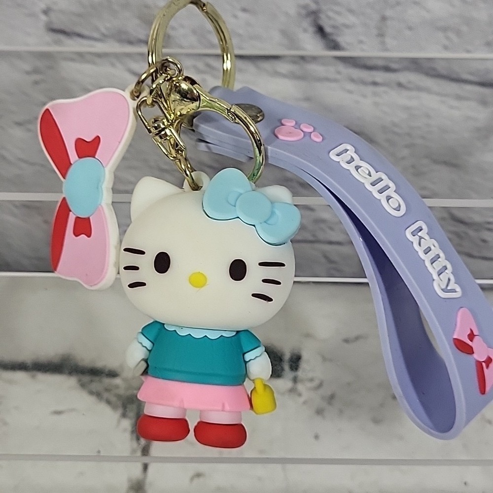 Hello Kitty Keychain Pink Vinyl Charm 3D Figure Pink Bow Wristlet Clip